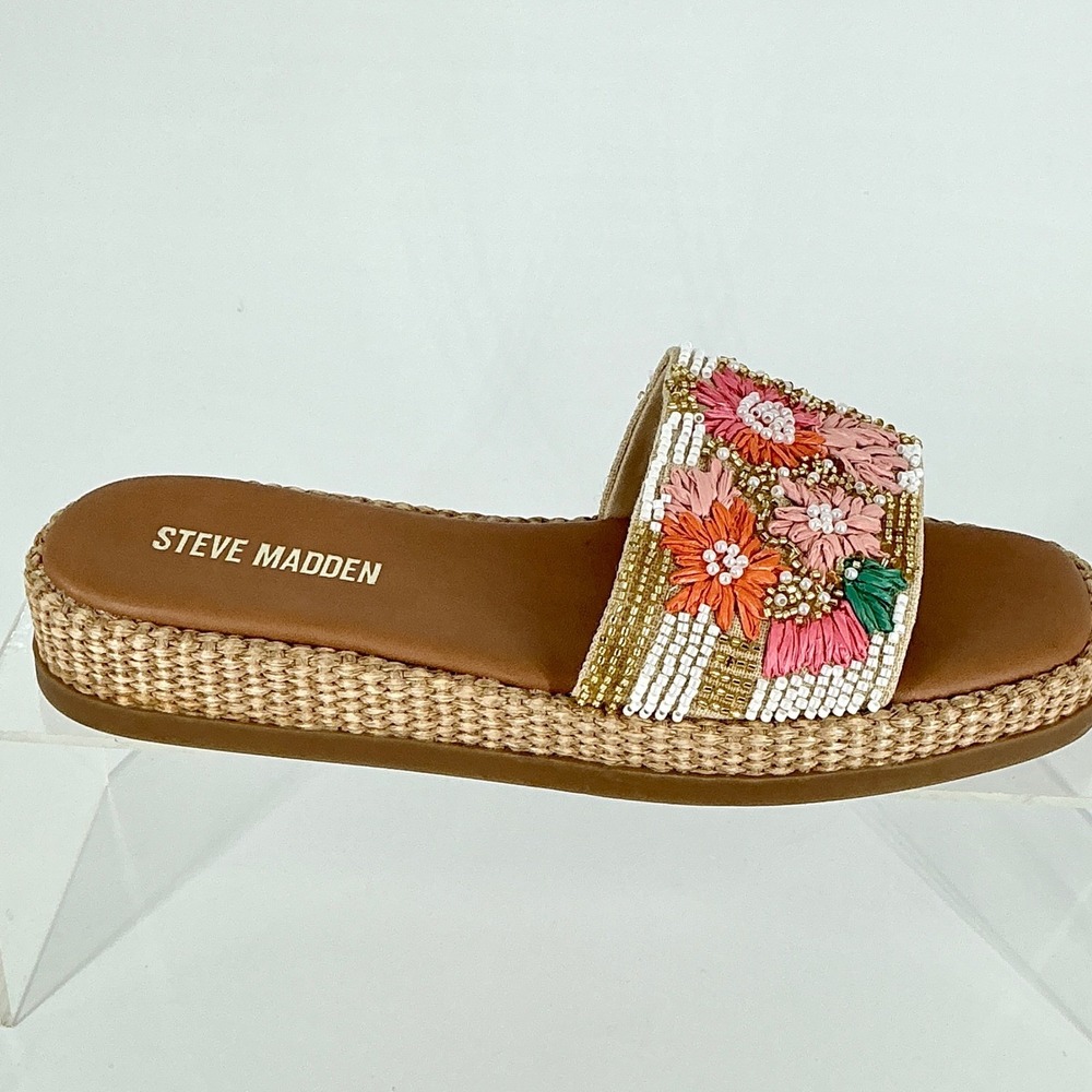 Steve Madden Size 8.5 Beaded Floral Raffia Platform Slide Sandals NEW Boardwalk - Picture 3 of 11